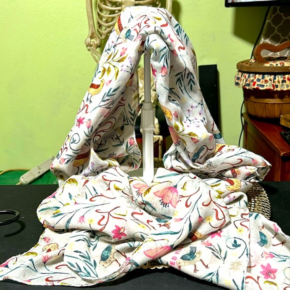 dia & co Accessories - Woman’s thin long scarf. 75 inches long, 28 inches wide  white floral & birds